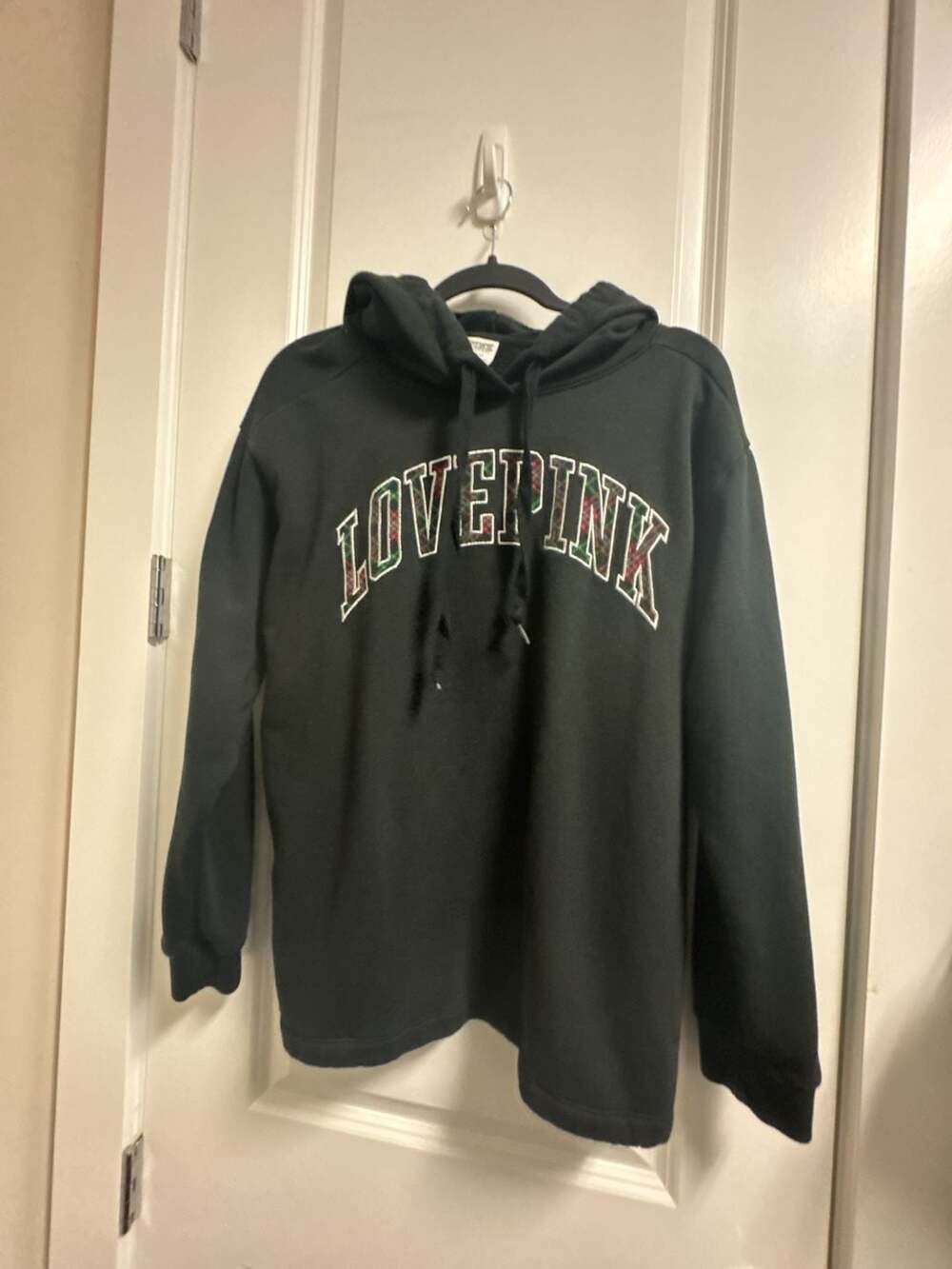Pink Victoria's Secret Campus Hoodie Size M Black Plaid Logo